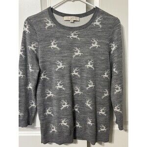 Ann Taylor LOFT Women’s Small Reindeer Christmas Sweater Gray Knit Crewneck